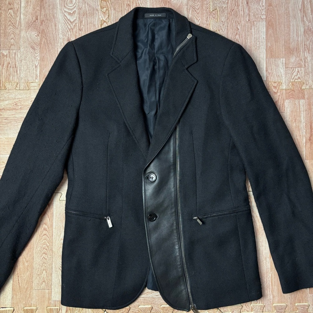 Emporio Armani Matt Line Black Wool Leather Hybrid Moto Blazer Zip Jacket F1G800